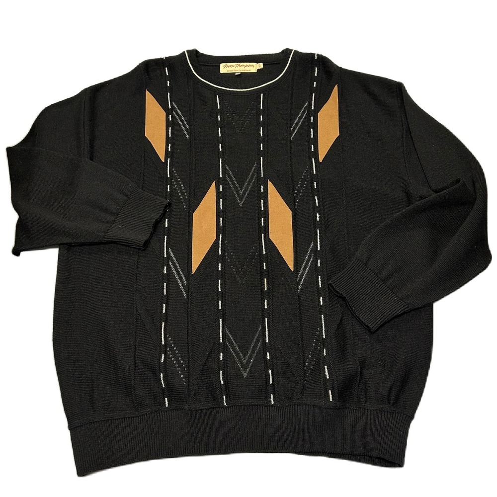 Vtg Norm Thompson Men Black Geometric Knit Sweater XL Wool Blend Crew Neck Black - Picture 2 of 8